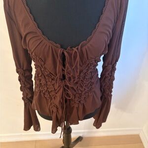 Zara Chocolate Brown Ruched Tie-Front Blouse